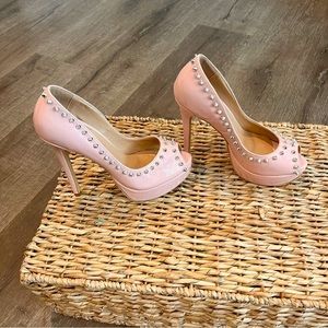 FSJ Pink Silver Spiked Peep Toe Platform Stiletto’s Women's 7